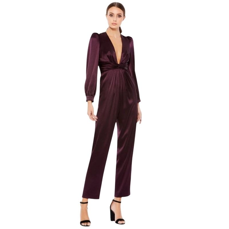 Mac Duggal Jumpsuit Size 2 Evening Gown New Purple Front Twist Puff Sleeve